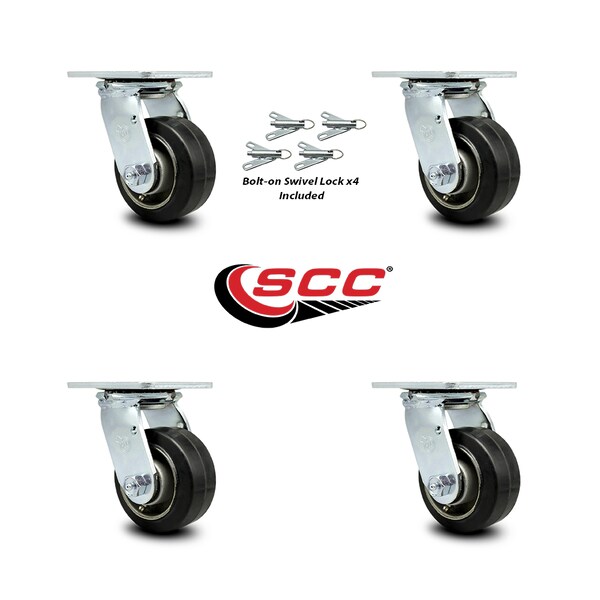 4 Inch Rubber on Aluminum Caster Set with Ball Bearing and Swivel Lock SCC